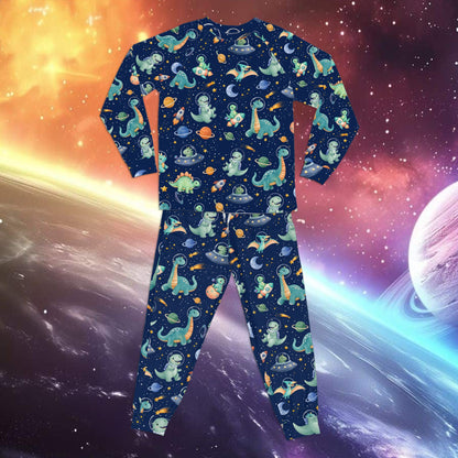 Another front view of the navy space dinosaurs pajama set