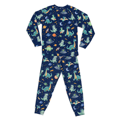 Detailed front view of the navy space dinosaurs pajama set