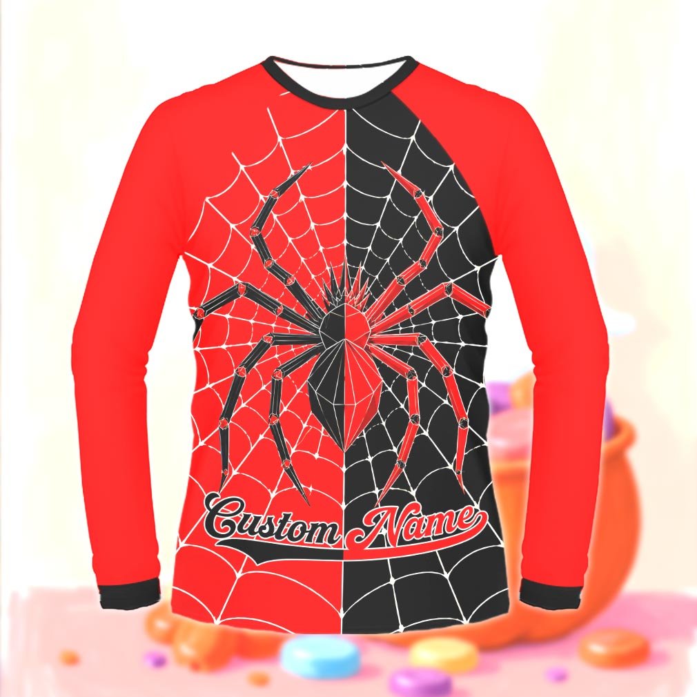 Detailed front view of the red and black spider pajama set top and pants