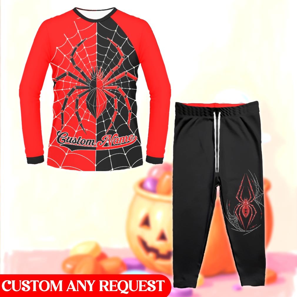Front view of the matching family pajamas featuring a geometric spider design