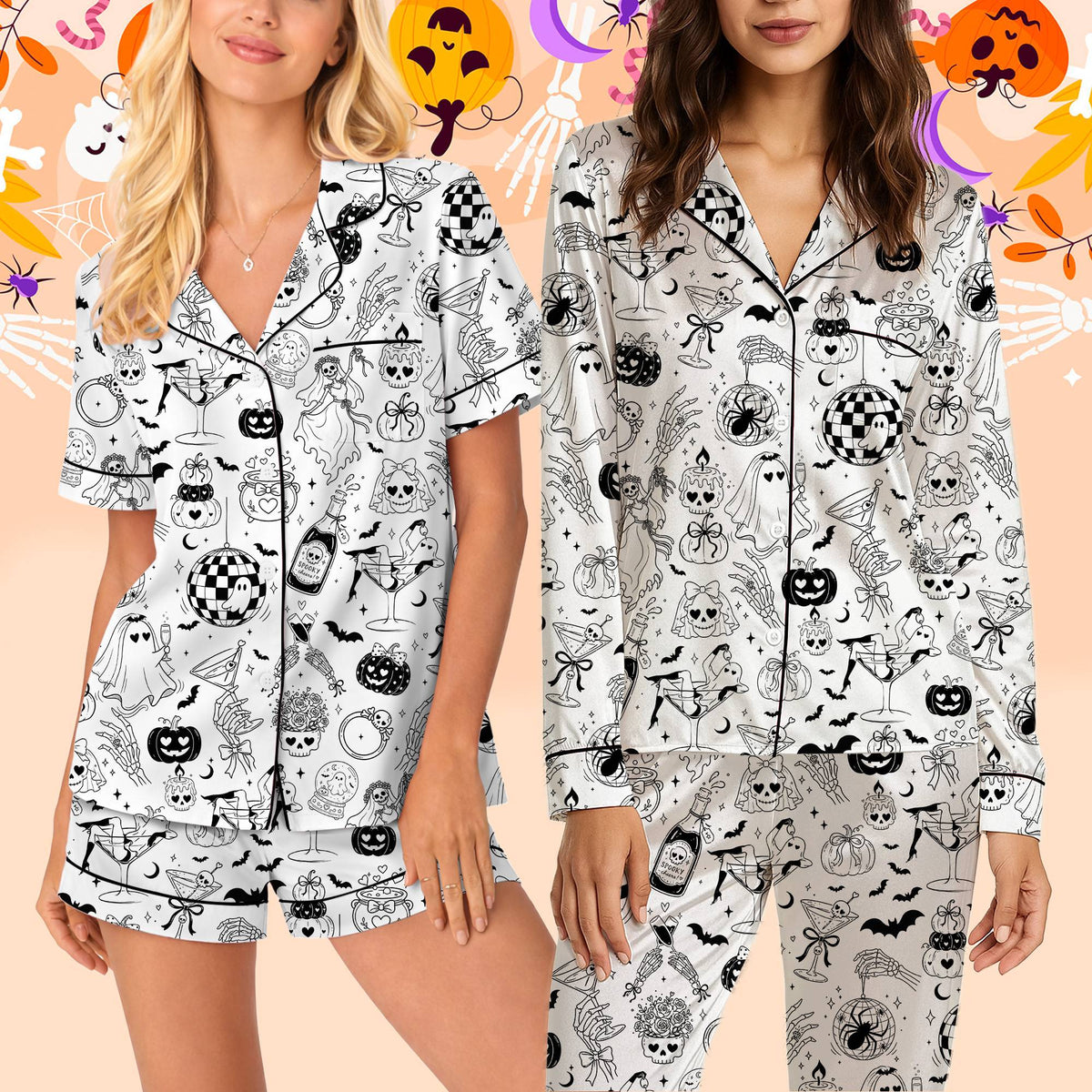 Close up of the matching family holiday pajamas showing bats and skeletons
