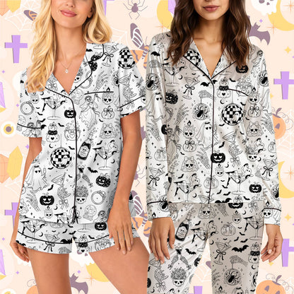 Spooky halloween pajama set patterned top and bottom, front view