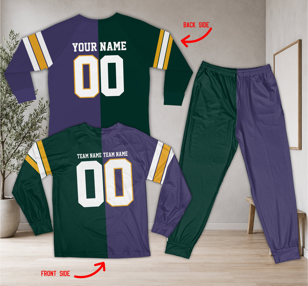 Front view of the green split-color sports pajama set