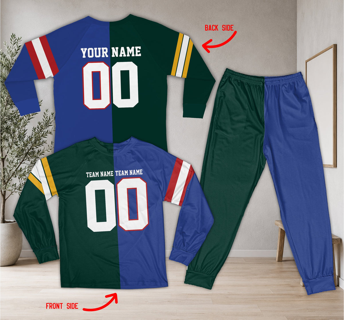 Main view of the green split-color sports pajama set with custom name and number