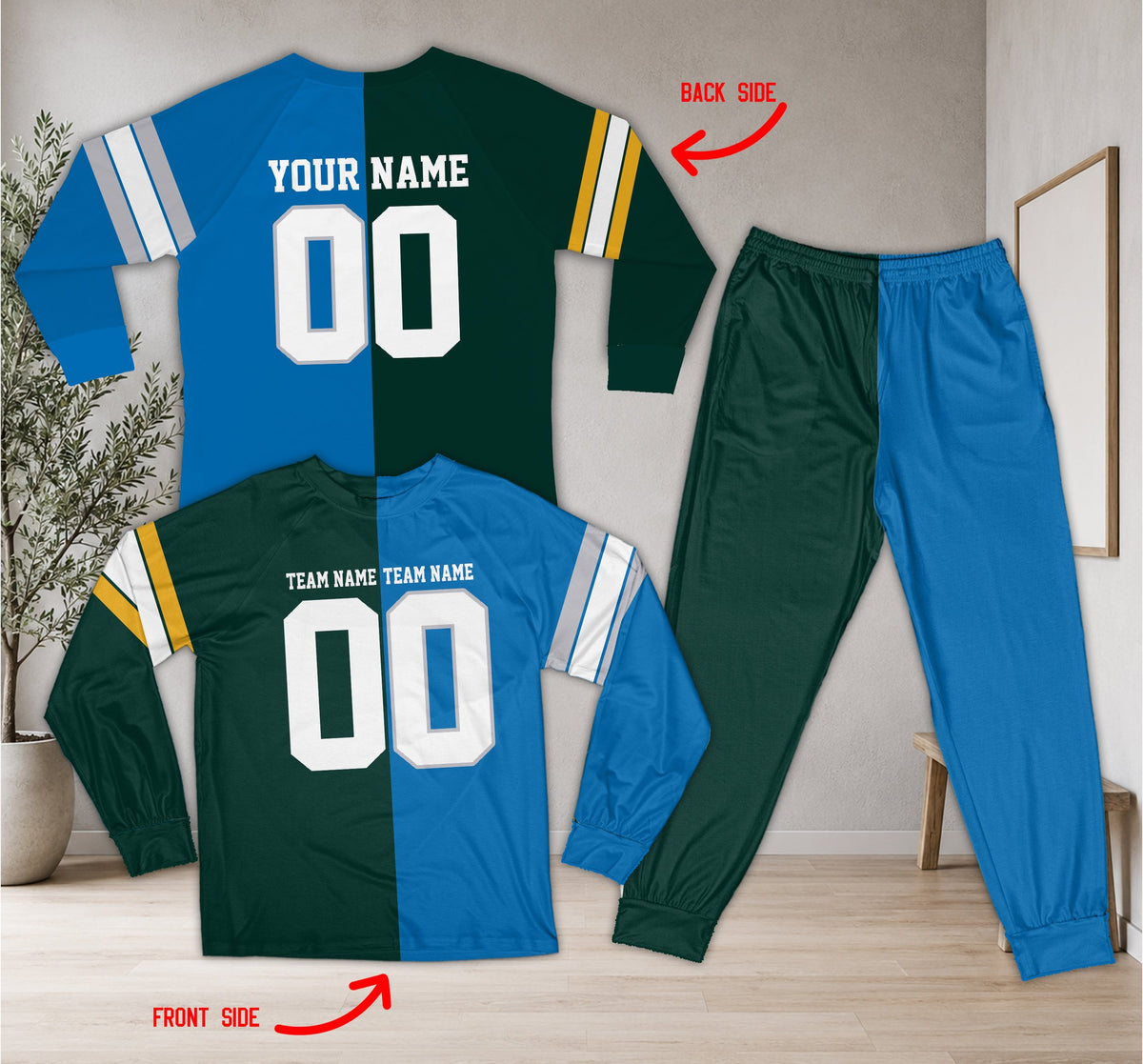 Additional front view of the green split-color sports pajama set