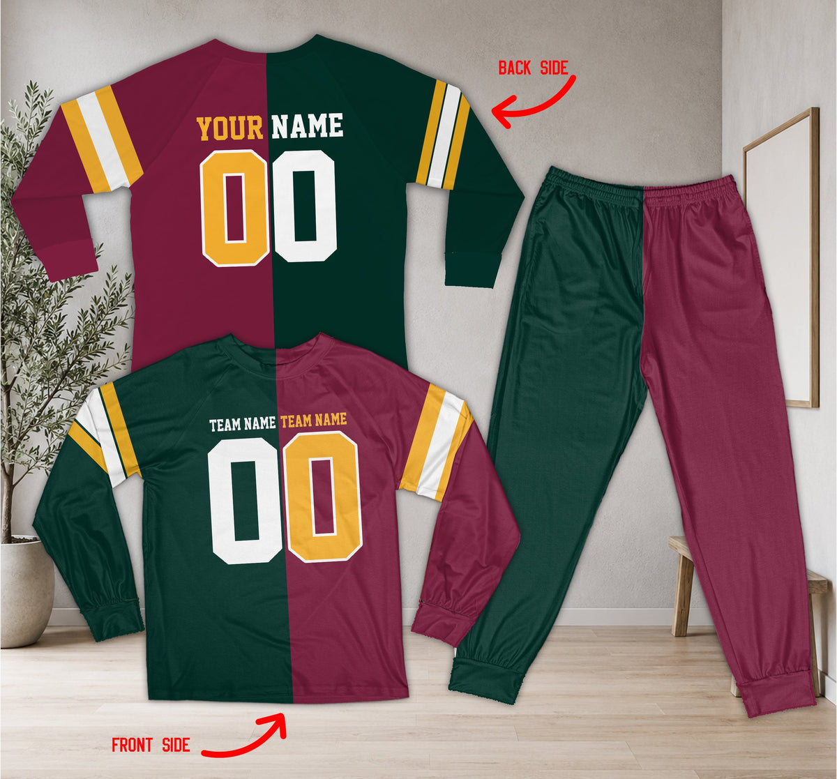 Another front view of the green split-color sports pajama set