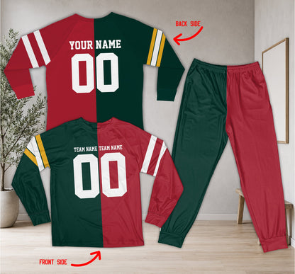 Alternate front view of the green split-color sports pajama set