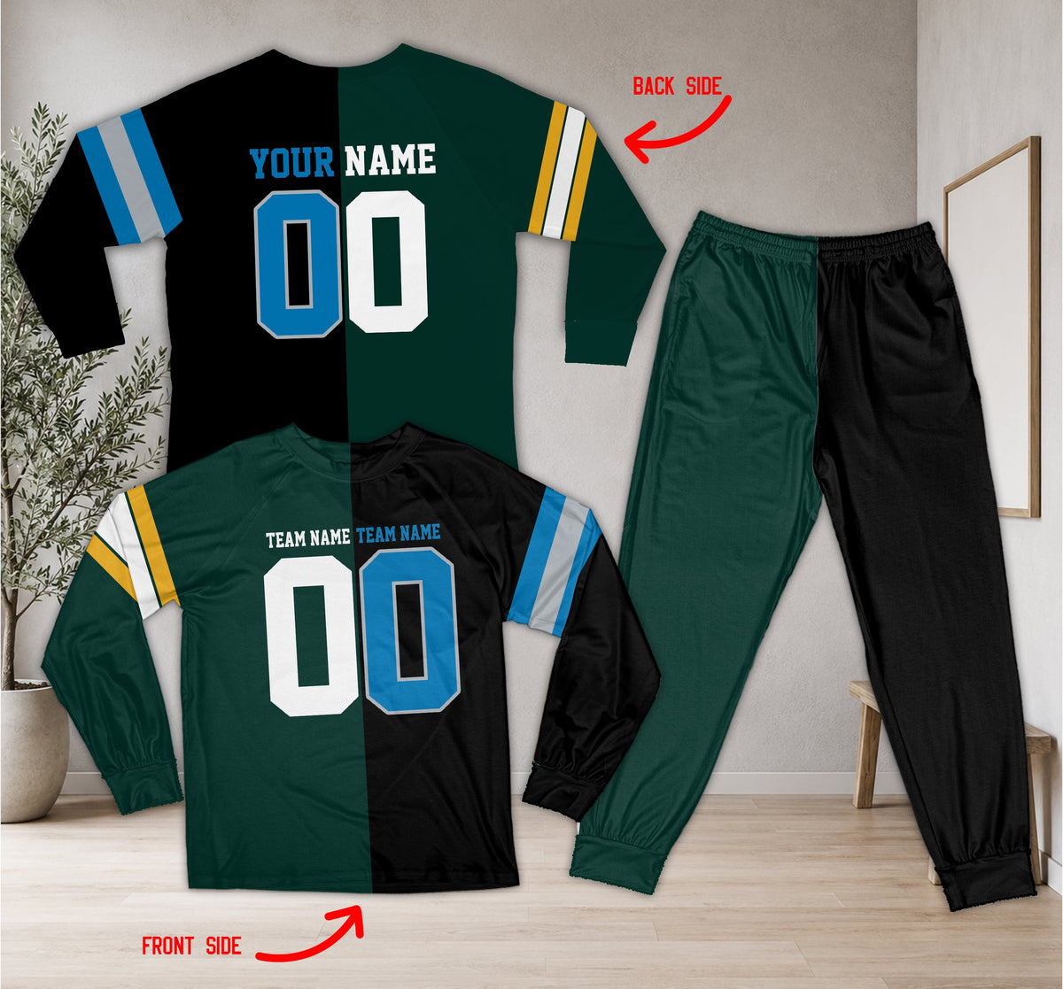 Close-up front view of the green split-color sports pajama set