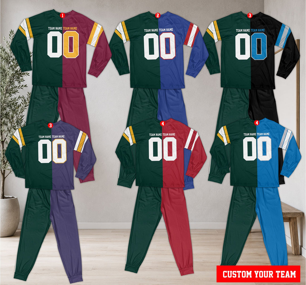 Front view of the multicolor split-color sports pajama set with custom name and number