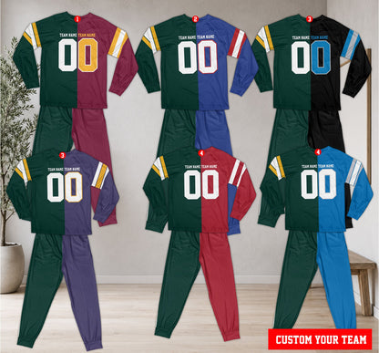 Front view of the multicolor split-color sports pajama set with custom name and number