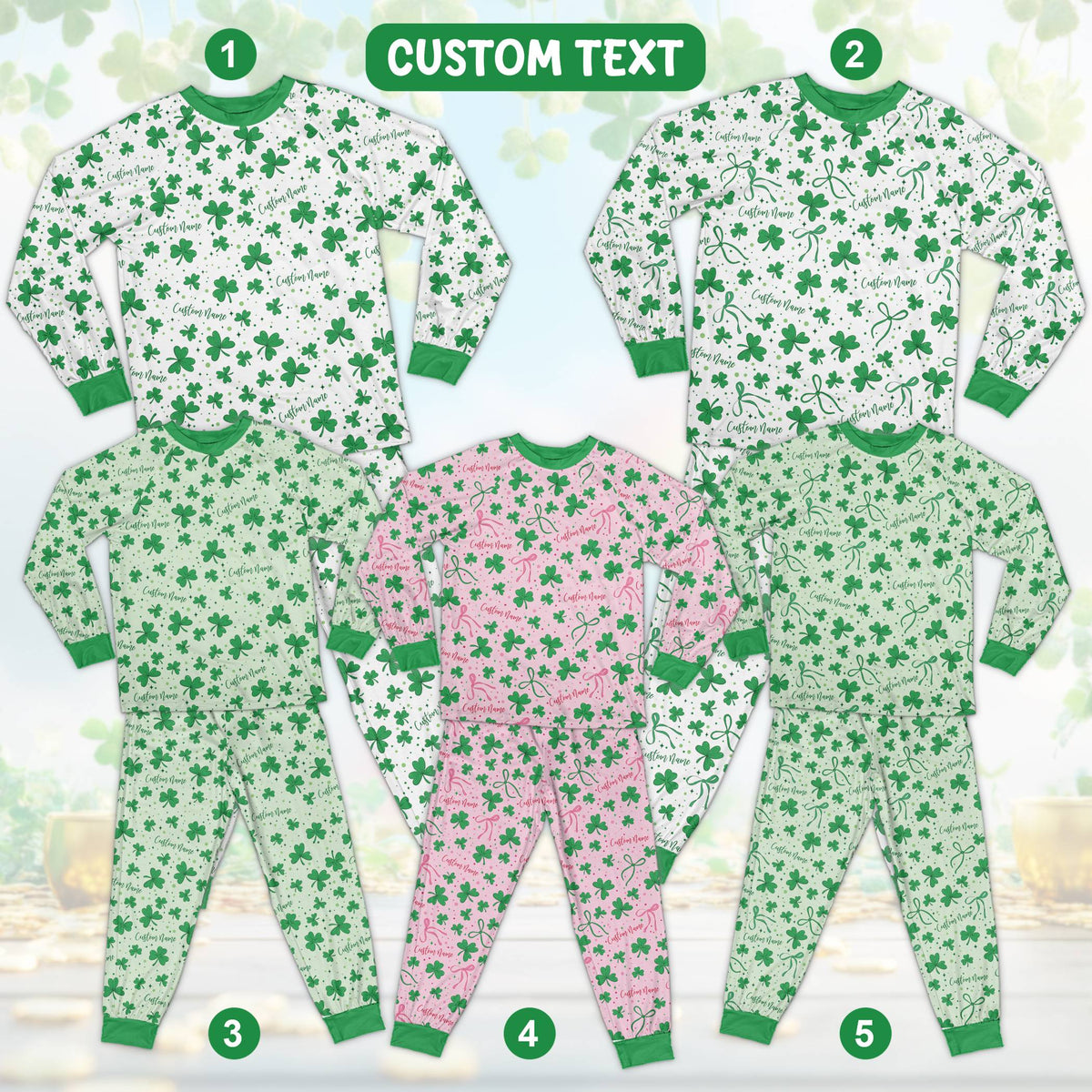 Front view of the custom St. Patrick's Day pajama set with green shamrocks.