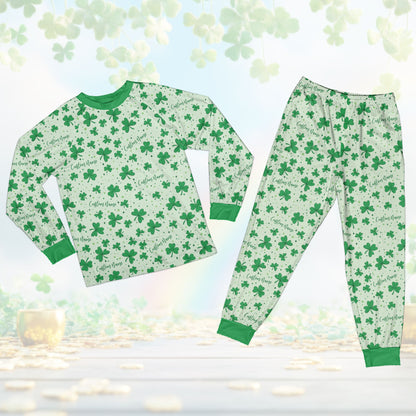 Front view of the green personalized St. Patrick's Day family pajama set.