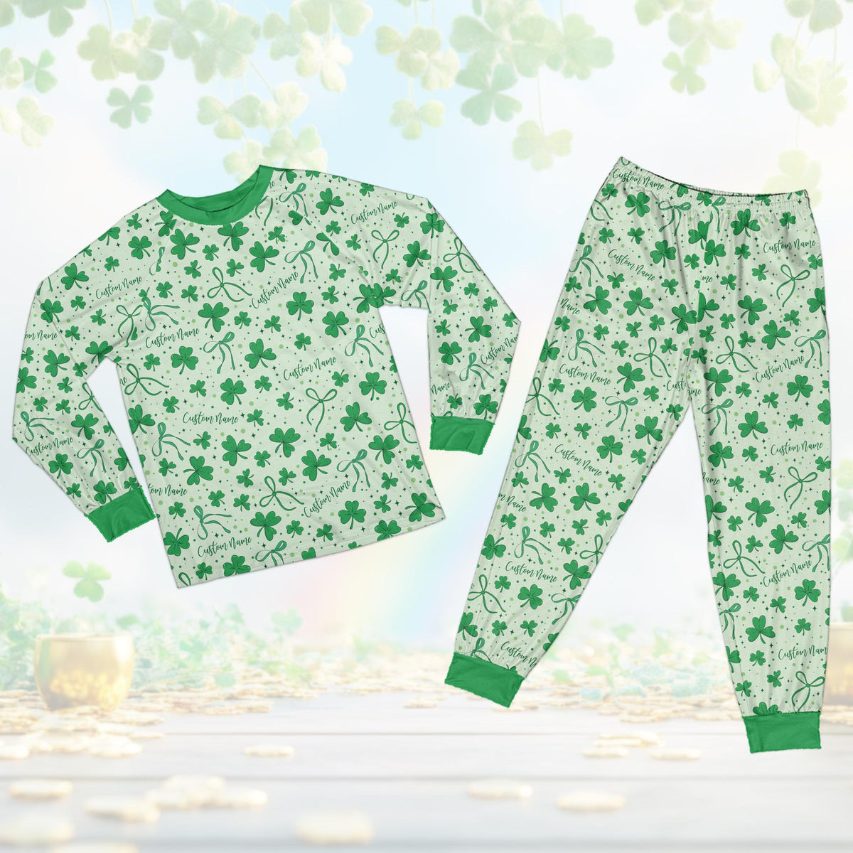 Detailed front view of the green shamrock and bow pajama set pattern.
