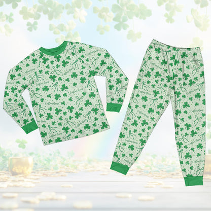 Detailed front view of the green shamrock and bow pajama set pattern.