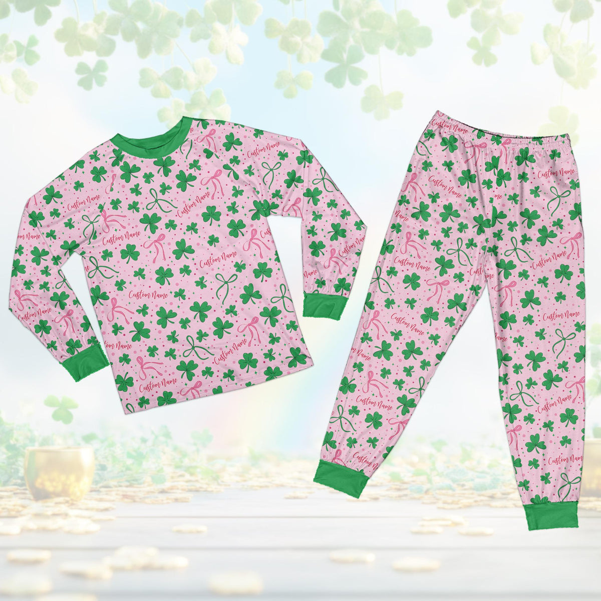 Front view of the St. Patrick's Day matching family pajama set showing pink accent details.