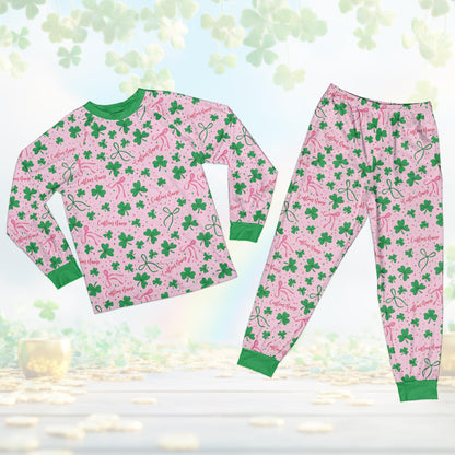 Front view of the St. Patrick's Day matching family pajama set showing pink accent details.