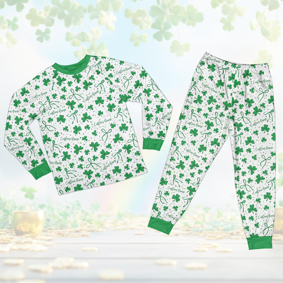 Front view of the white and green custom St. Patrick's Day sleepwear.