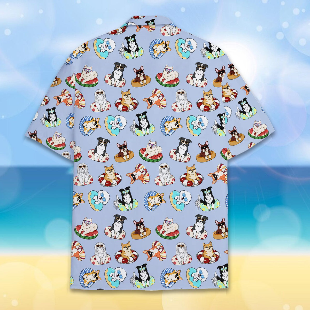 Back view 2 of light blue summer dogs matching family pajamas