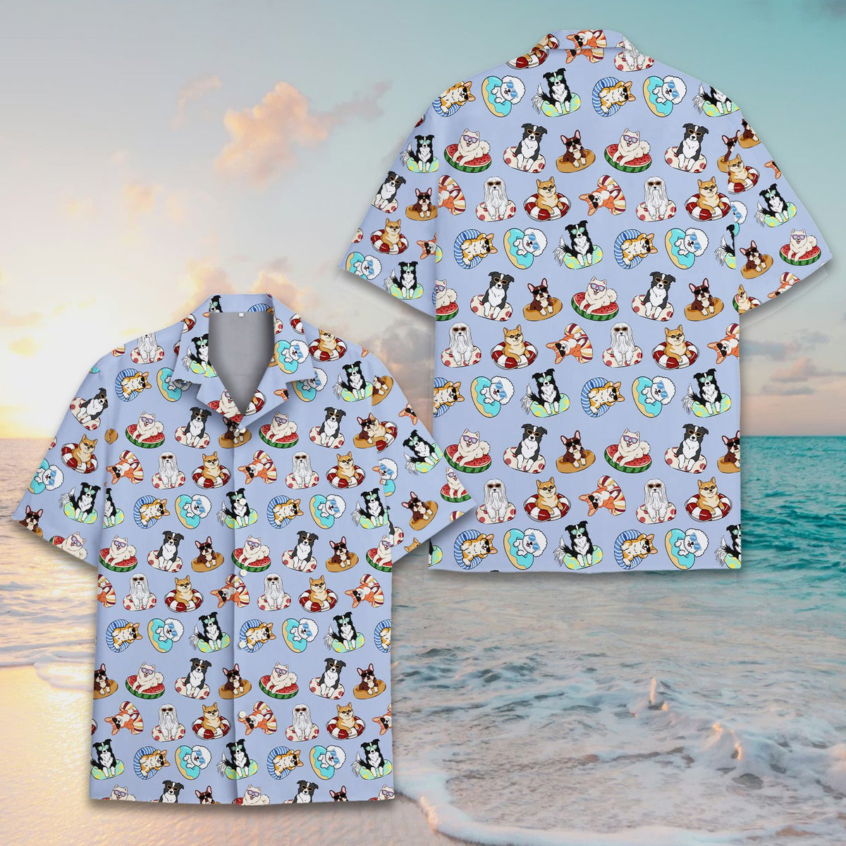 Summer dogs pajama set main view showing light blue pattern