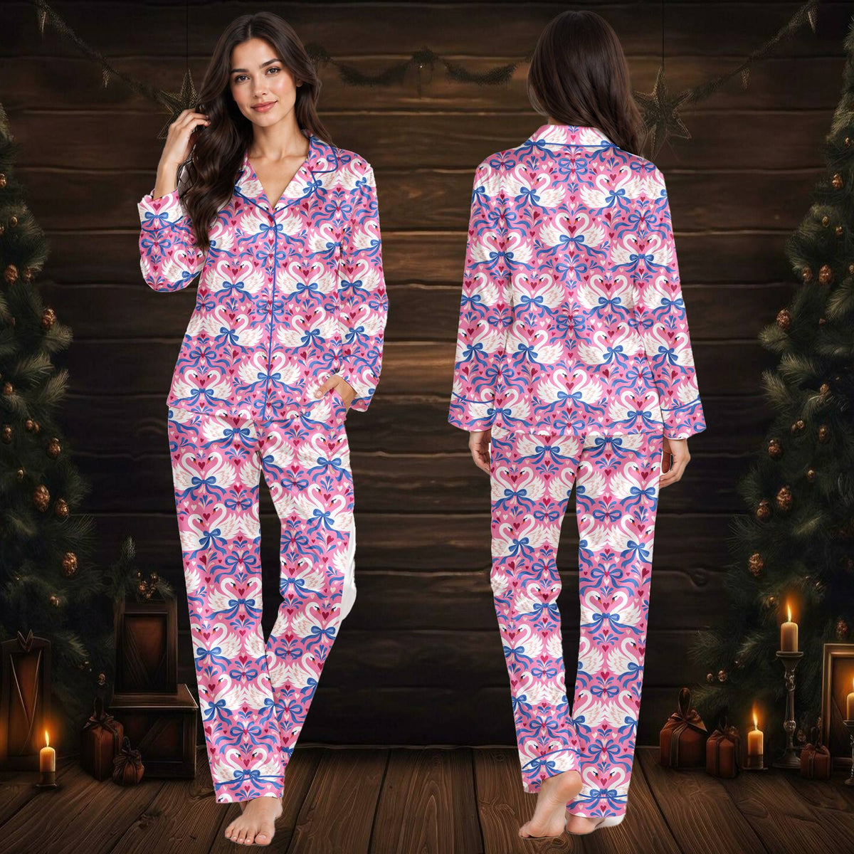 Family wearing swan hearts pajama set, third lifestyle view