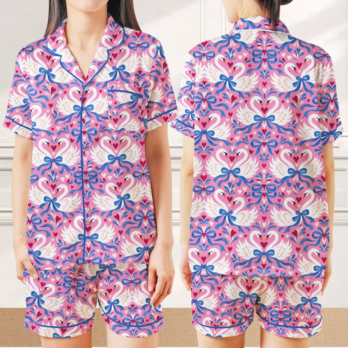 Swan hearts pajama set front view with pink background