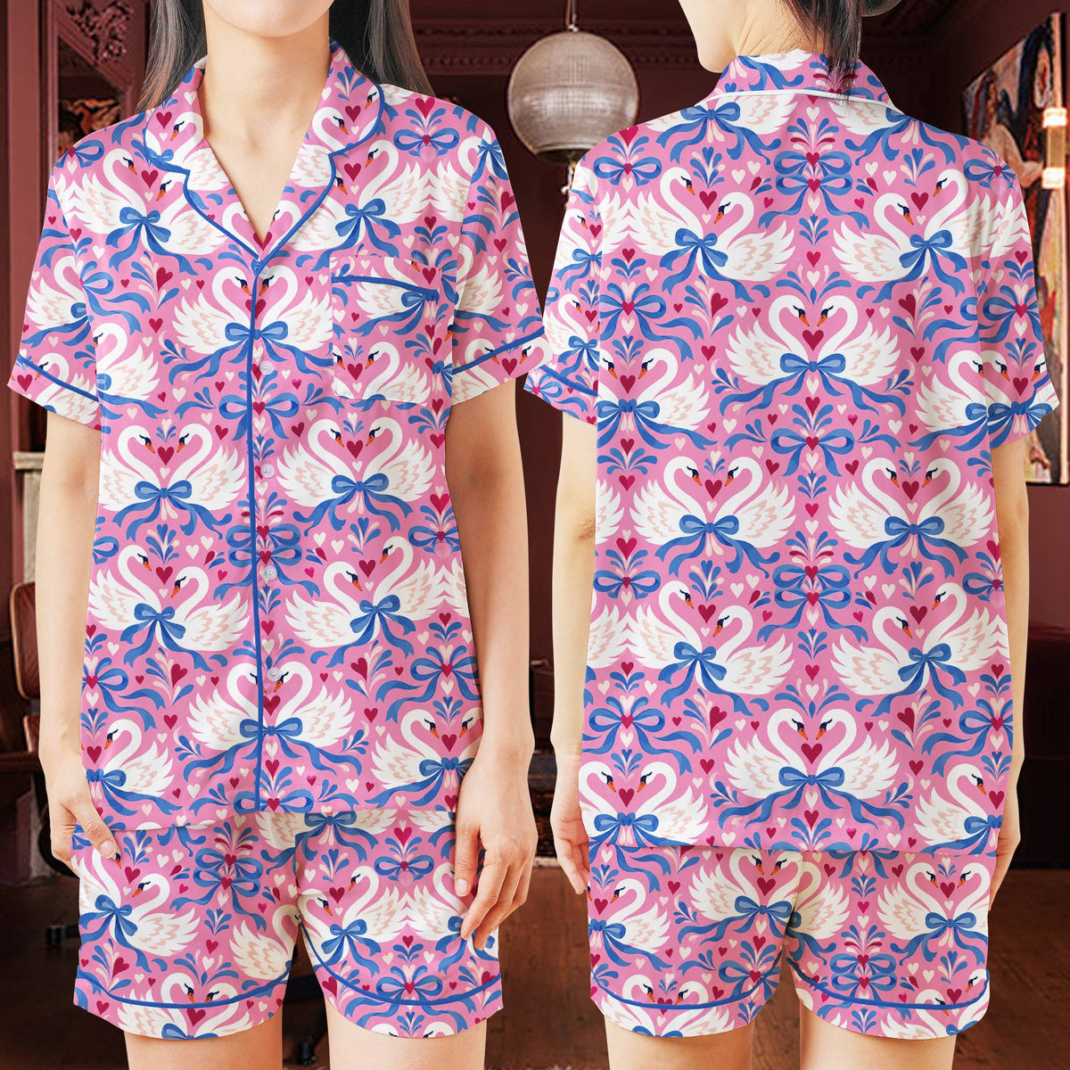 Family wearing swan hearts pajama set, fifth lifestyle view