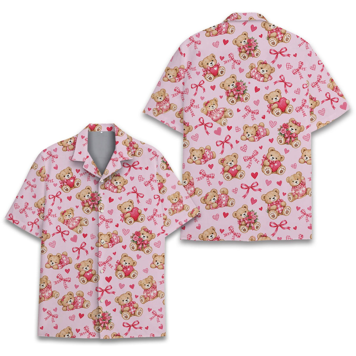 Teddy bear valentine pajama set, pink, front view 2