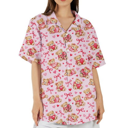 Teddy bear valentine pajama set, pink, front view 4