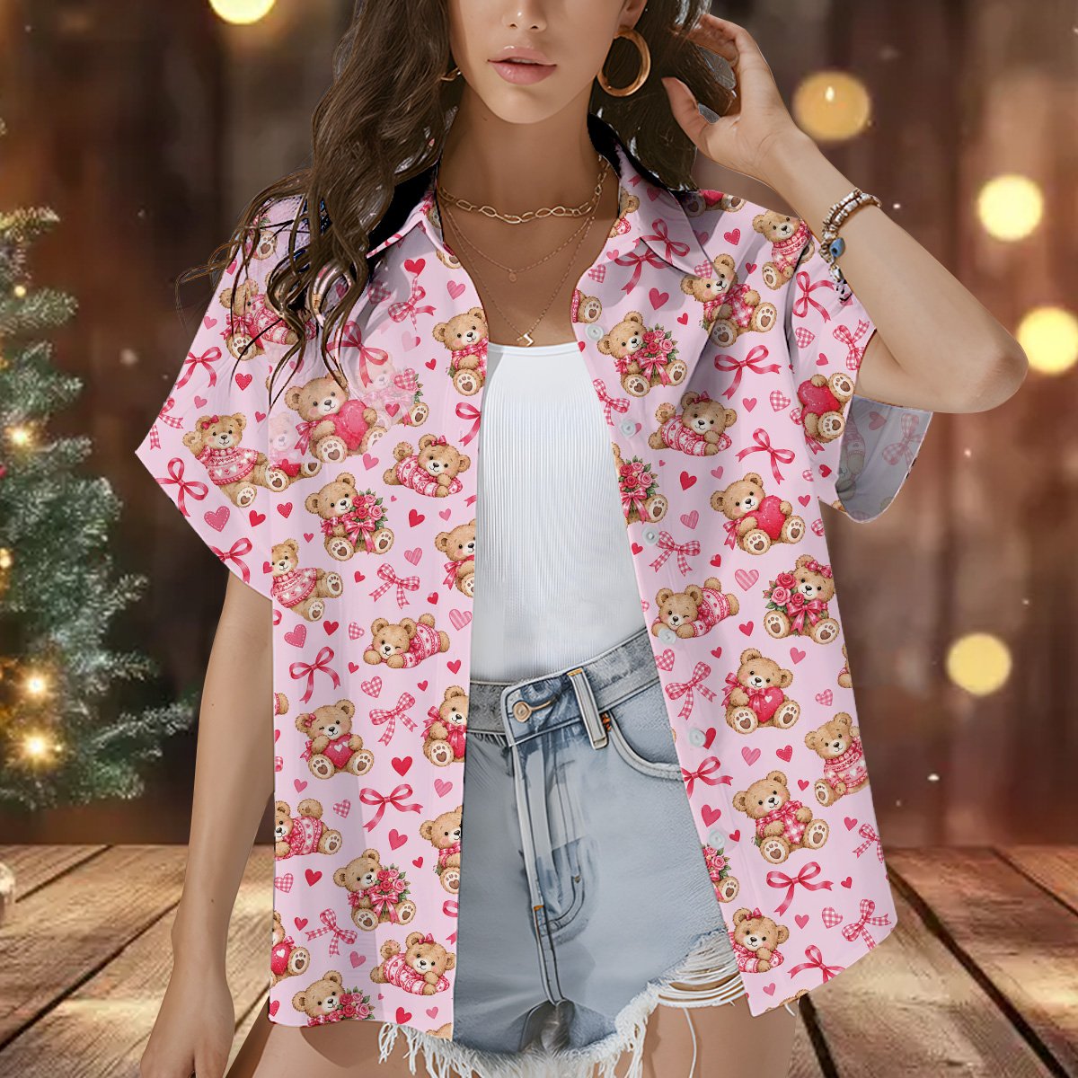 Family wearing teddy bear valentine pajama set, pink, lifestyle view 2