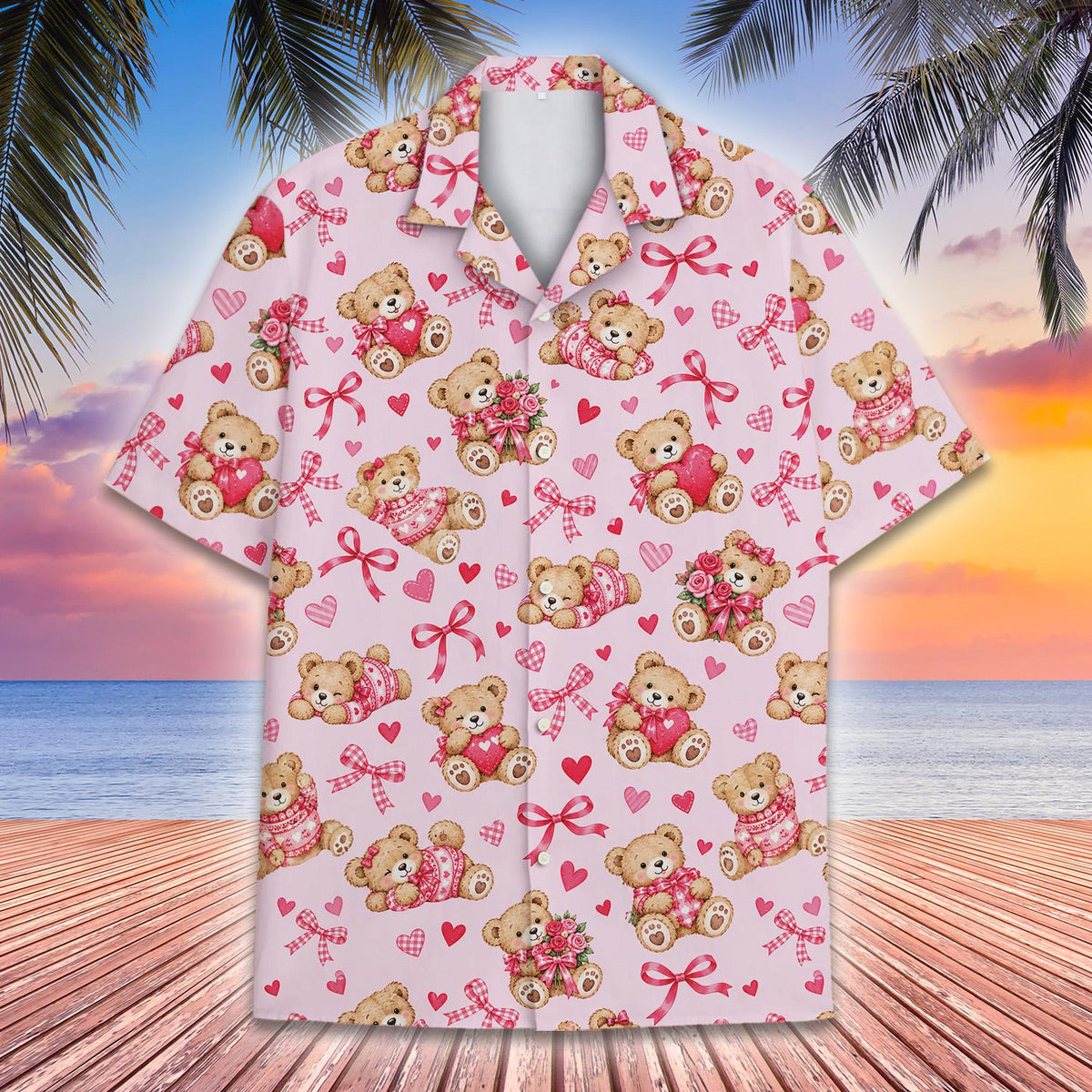 Family wearing teddy bear valentine pajama set, pink, lifestyle view 3
