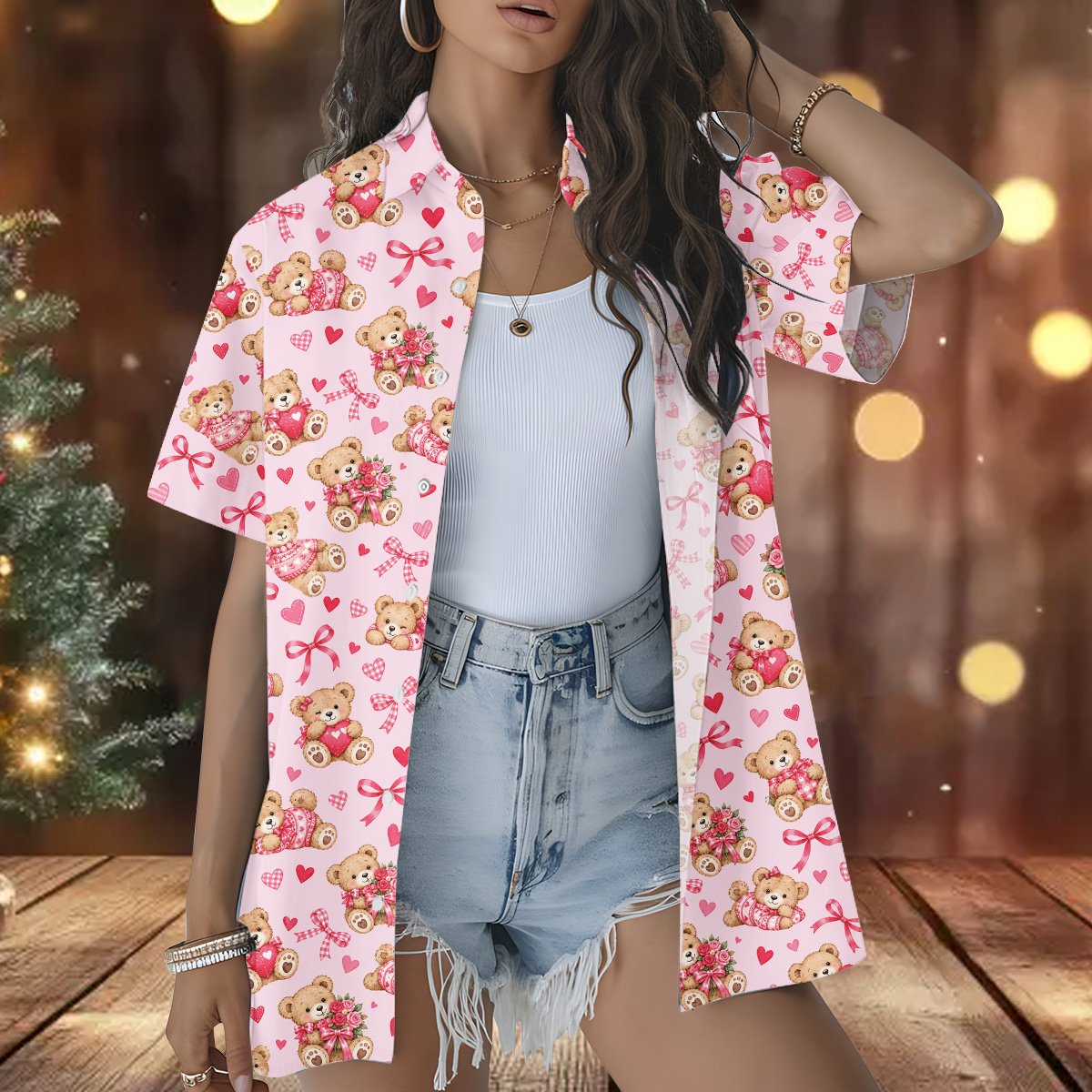 Family wearing teddy bear valentine pajama set, pink, lifestyle view 4