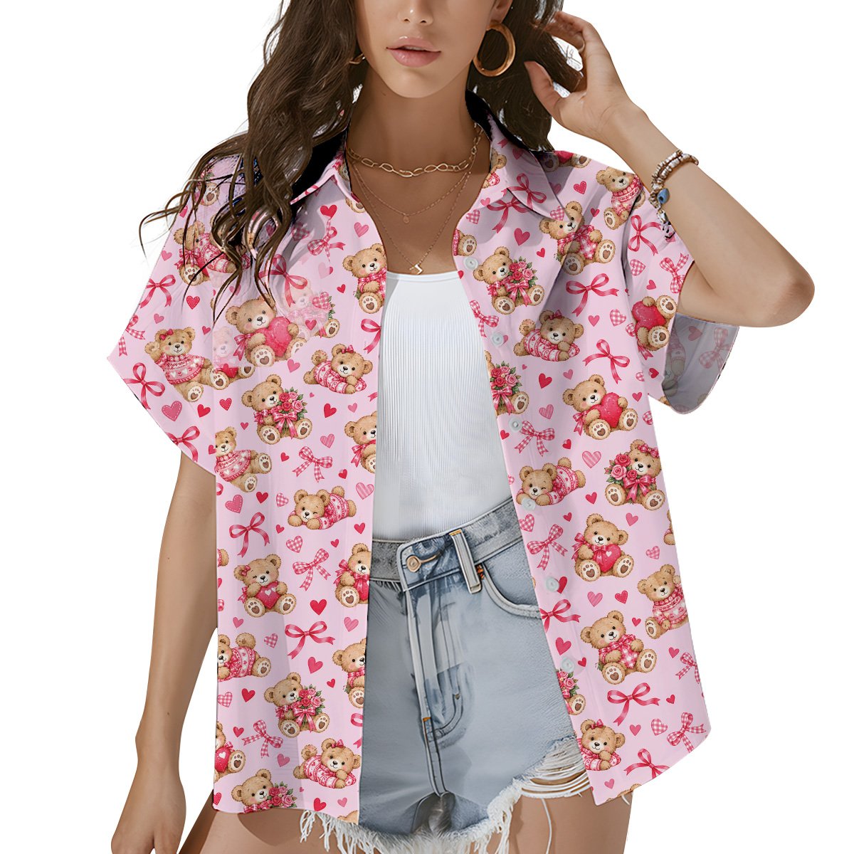 Family wearing teddy bear valentine pajama set, pink, lifestyle view