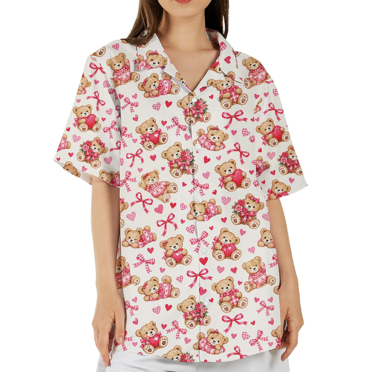 Teddy bear valentine pajama set, white, front view