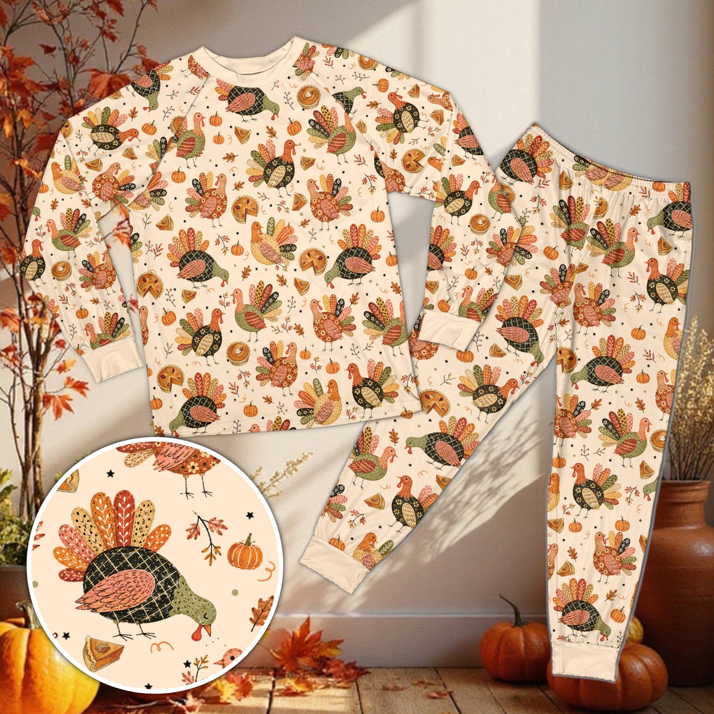 Beige Thanksgiving holiday pajamas family matching, front view