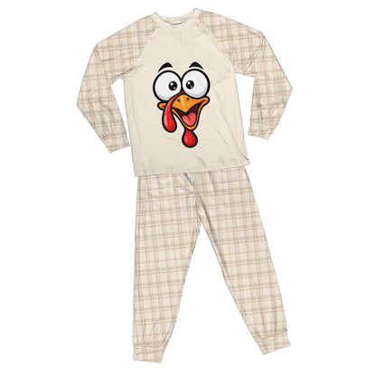 Thanksgiving pajama set in beige with cartoon turkey and plaid pattern, front view