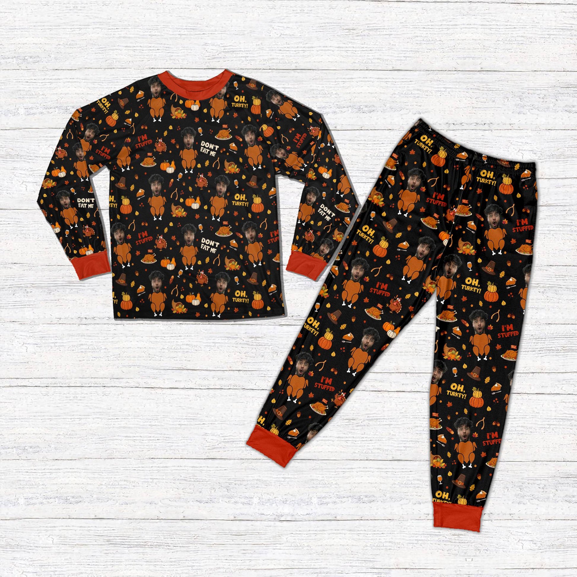 Black matching family pajamas holiday set featuring a custom face on a turkey and seasonal elements