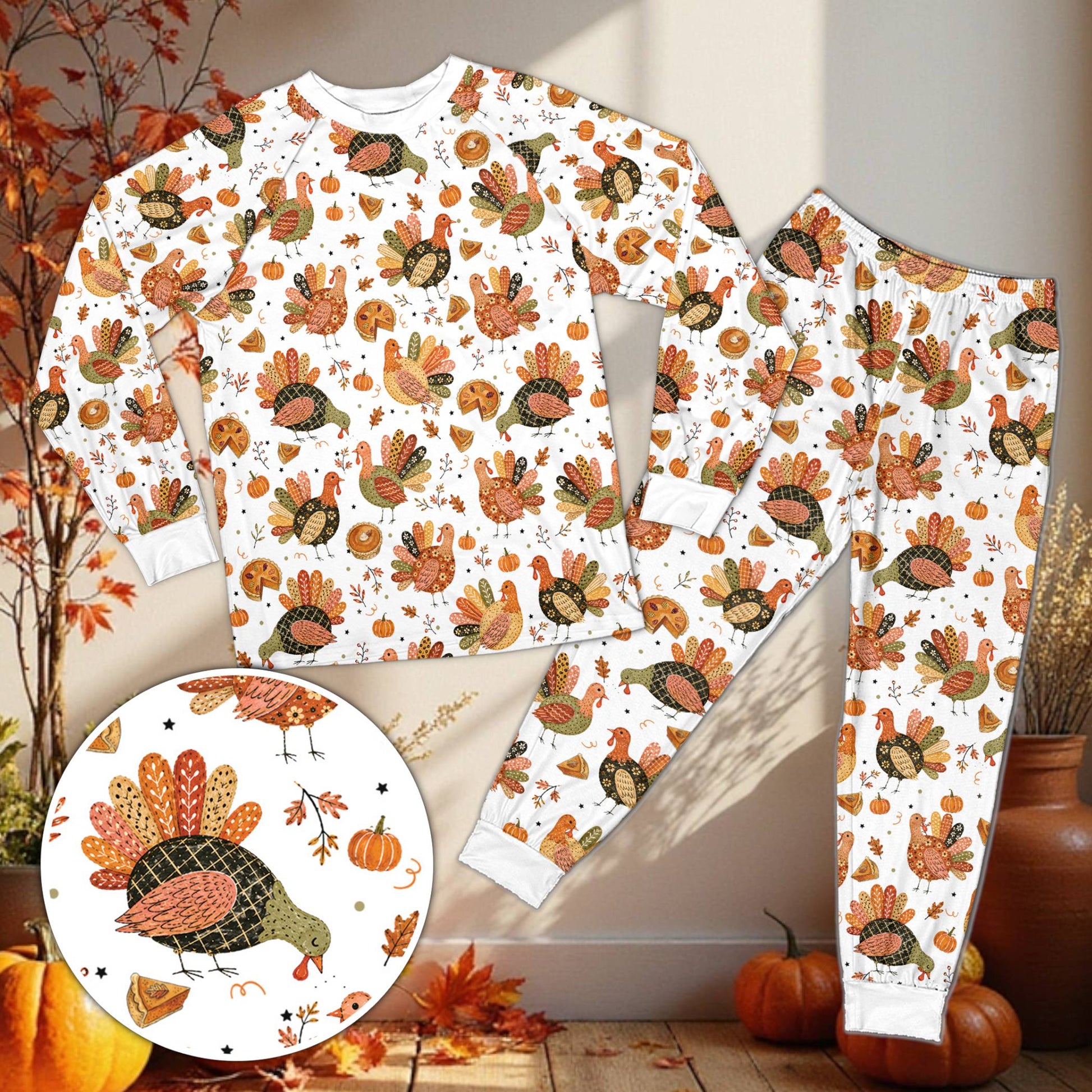 Matching family pajama set with Thanksgiving turkey and pumpkin pie pattern on black background, front view