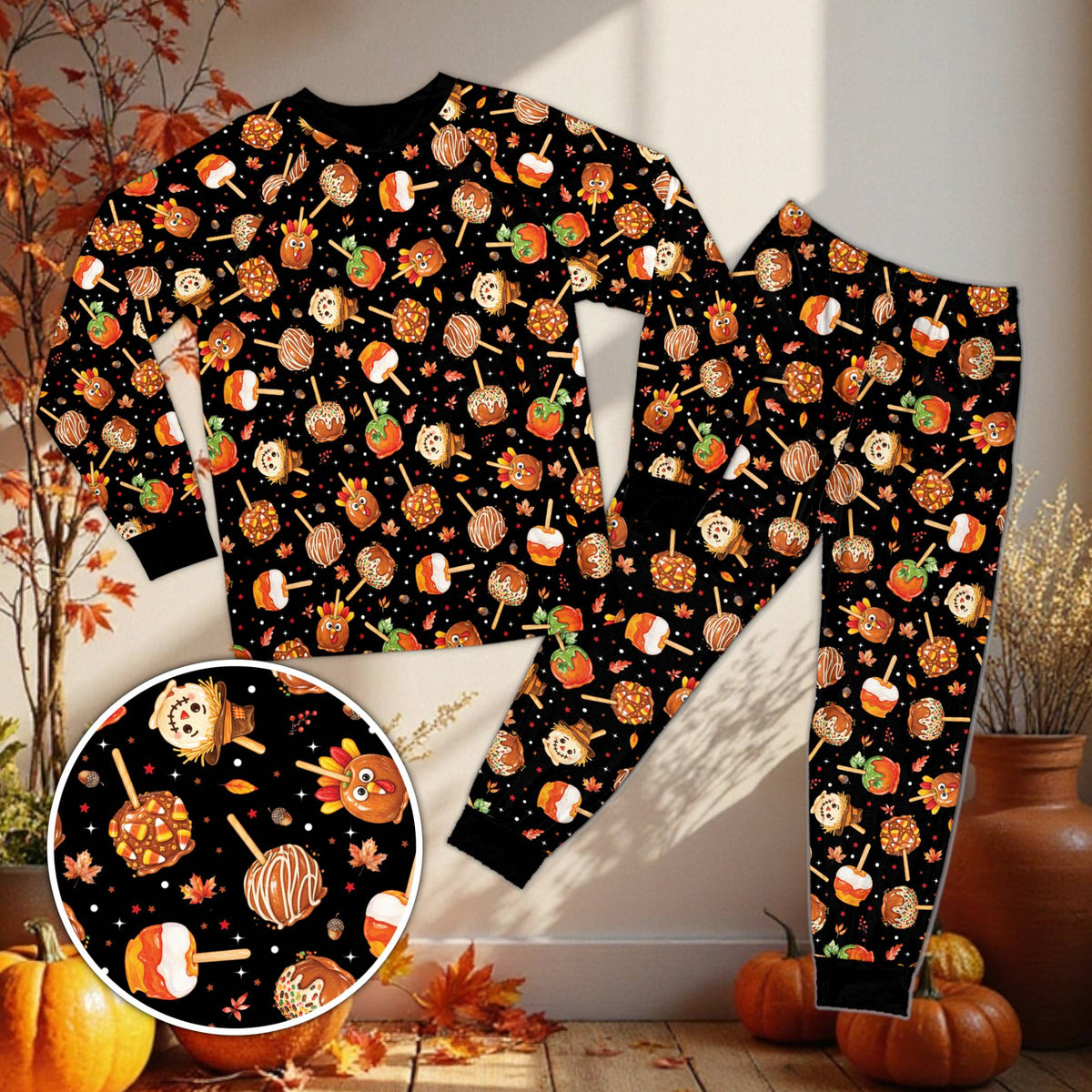 Black matching holiday pajamas family set with Thanksgiving treats pattern, front view