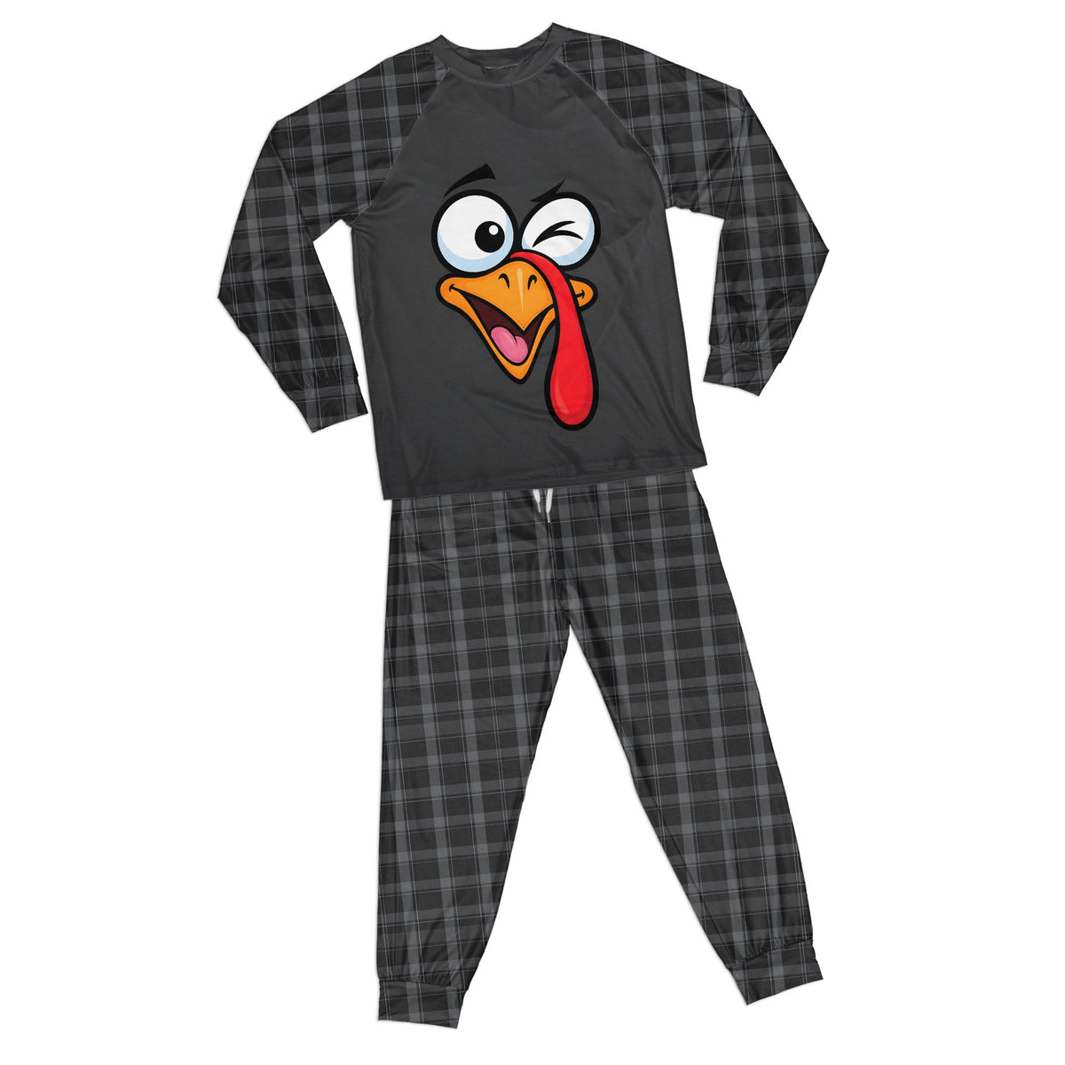 Thanksgiving pajama set in black with cartoon turkey and plaid pattern, front view