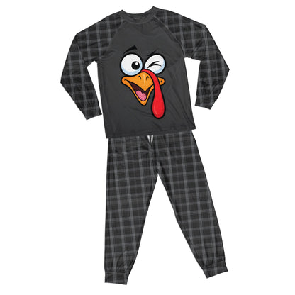 Thanksgiving pajama set in black with cartoon turkey and plaid pattern, front view