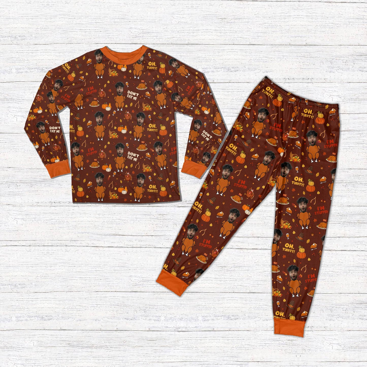 Brown custom face on turkey matching pajama set, front view