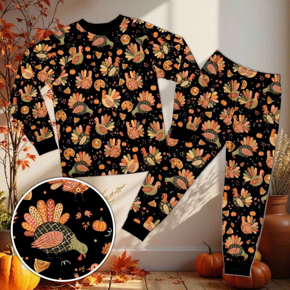 Thanksgiving pajama set in brown featuring autumn leaves and turkeys, front view