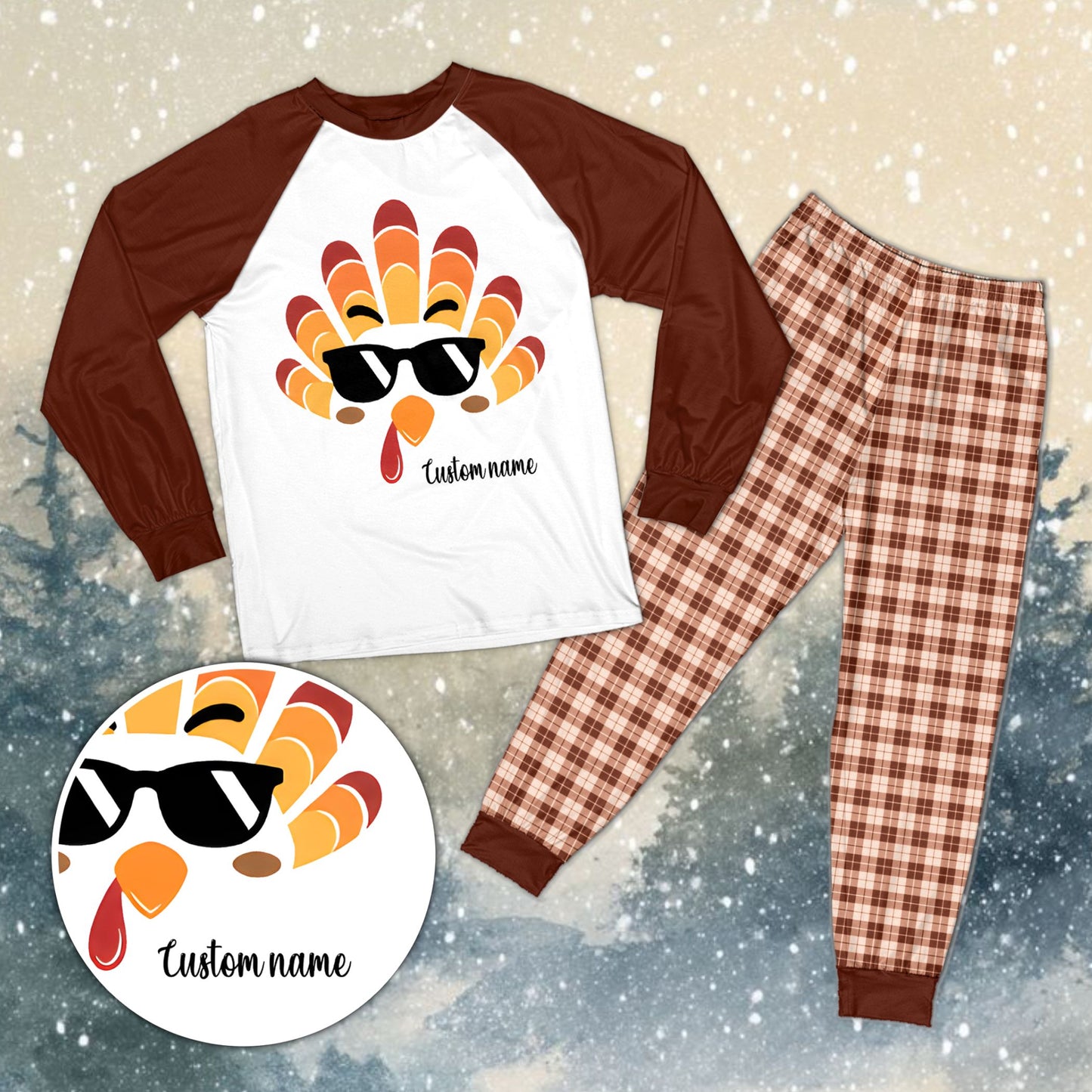 Family in brown plaid custom turkey pajama sets, lifestyle setting