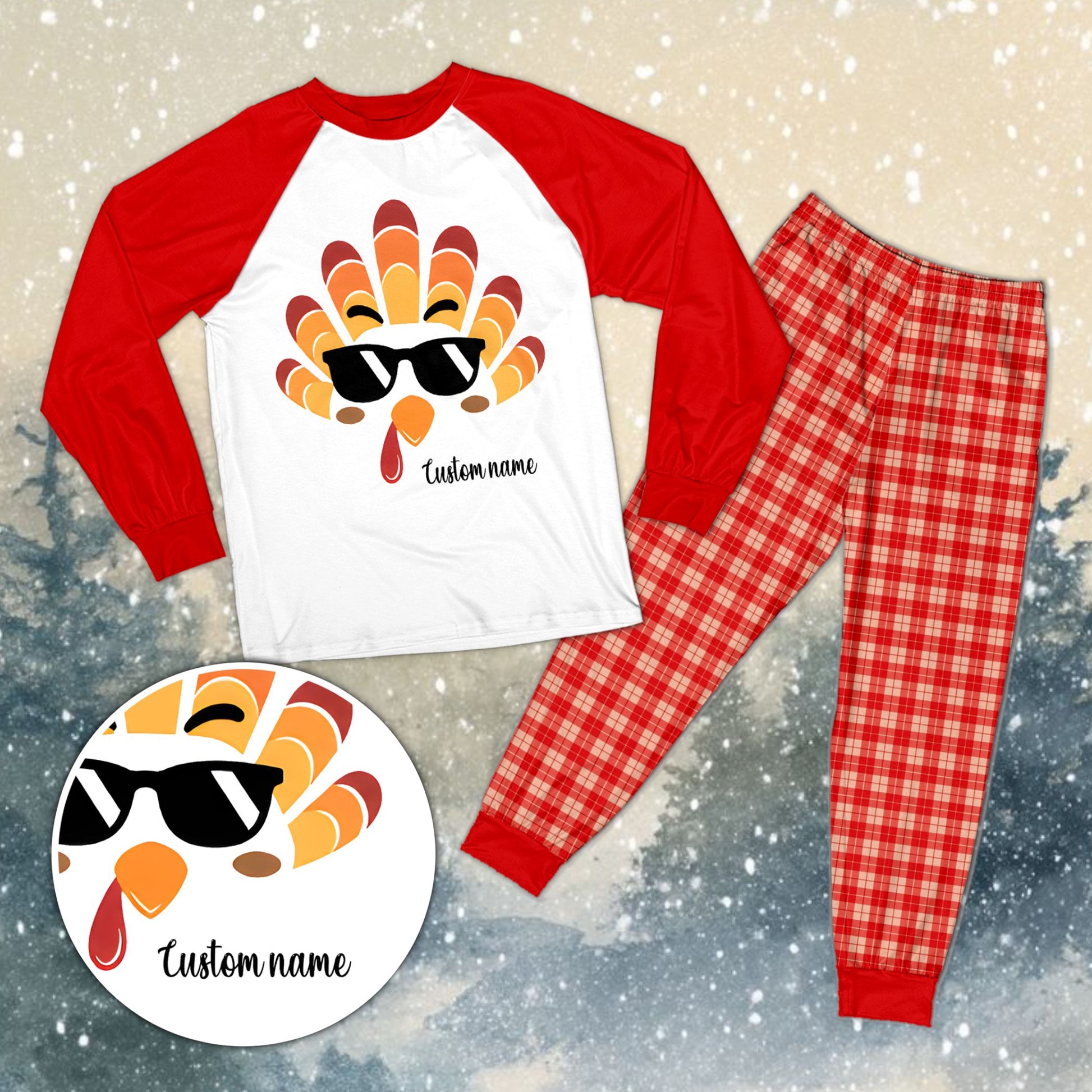 Personalized family matching pajamas xmas set featuring a white top with a cartoon turkey face and custom name, front view