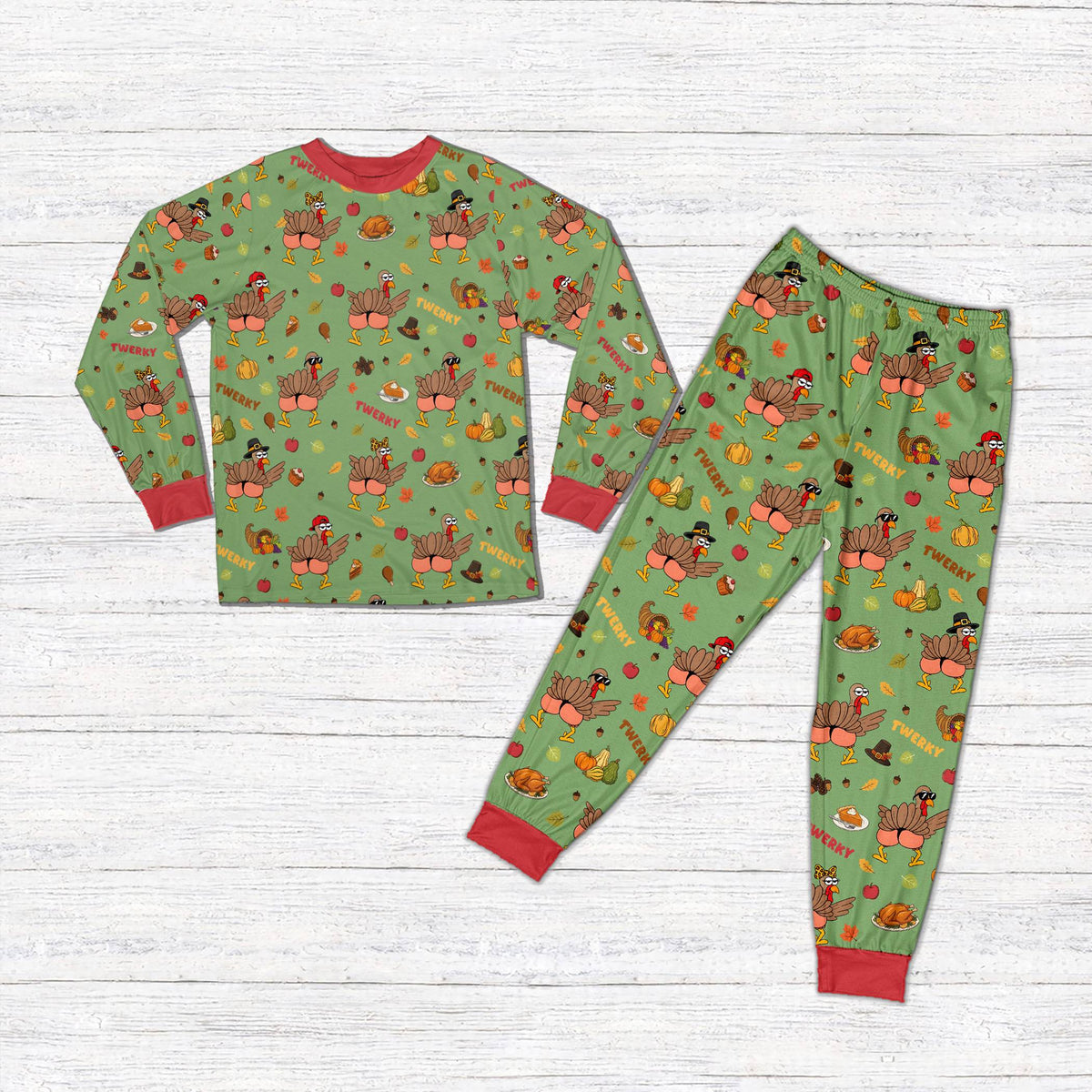 Green Thanksgiving matching family pajama set with Twerky pattern