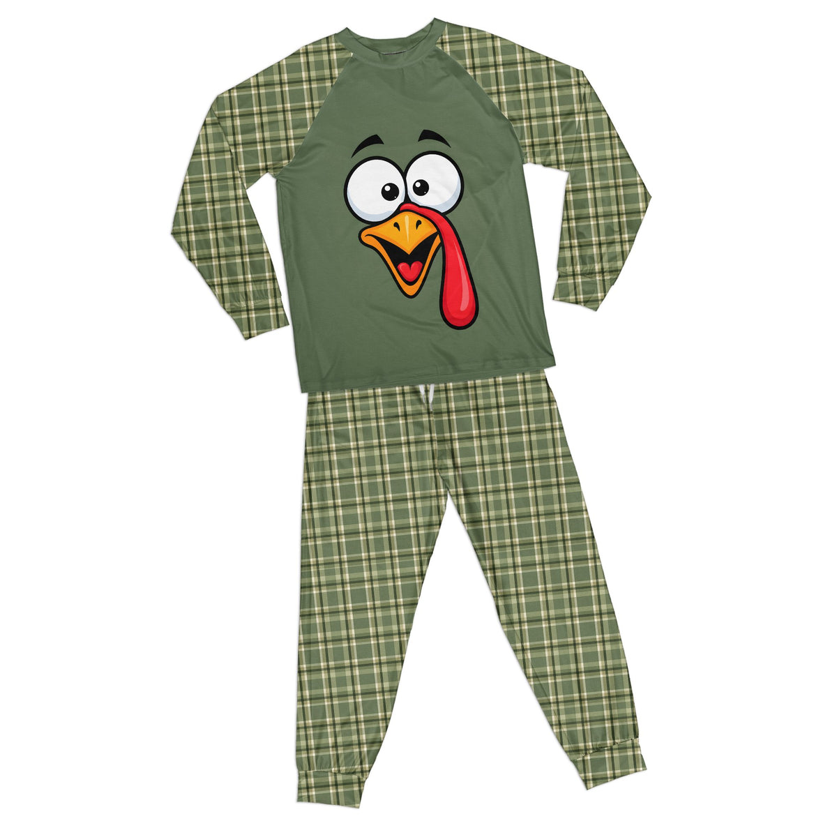 Thanksgiving pajama set in green with cartoon turkey and plaid pattern, front view