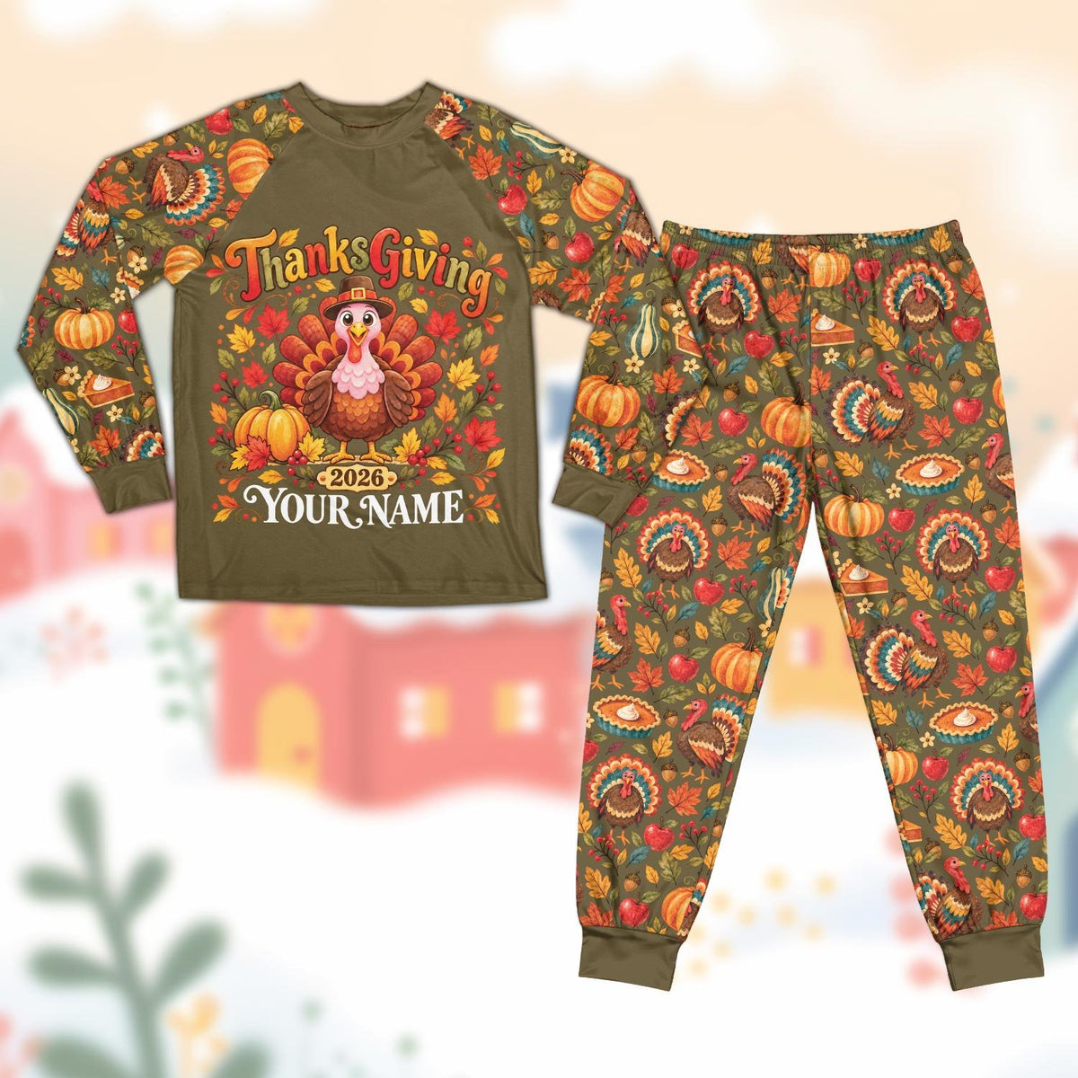 Green front view of the custom thanksgiving pajama set