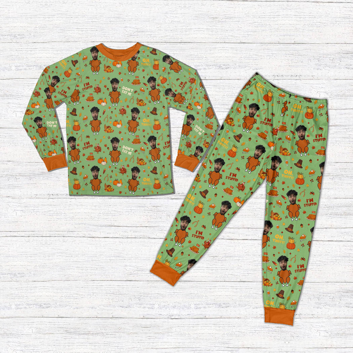 Green custom Thanksgiving pajama top and pants, front view