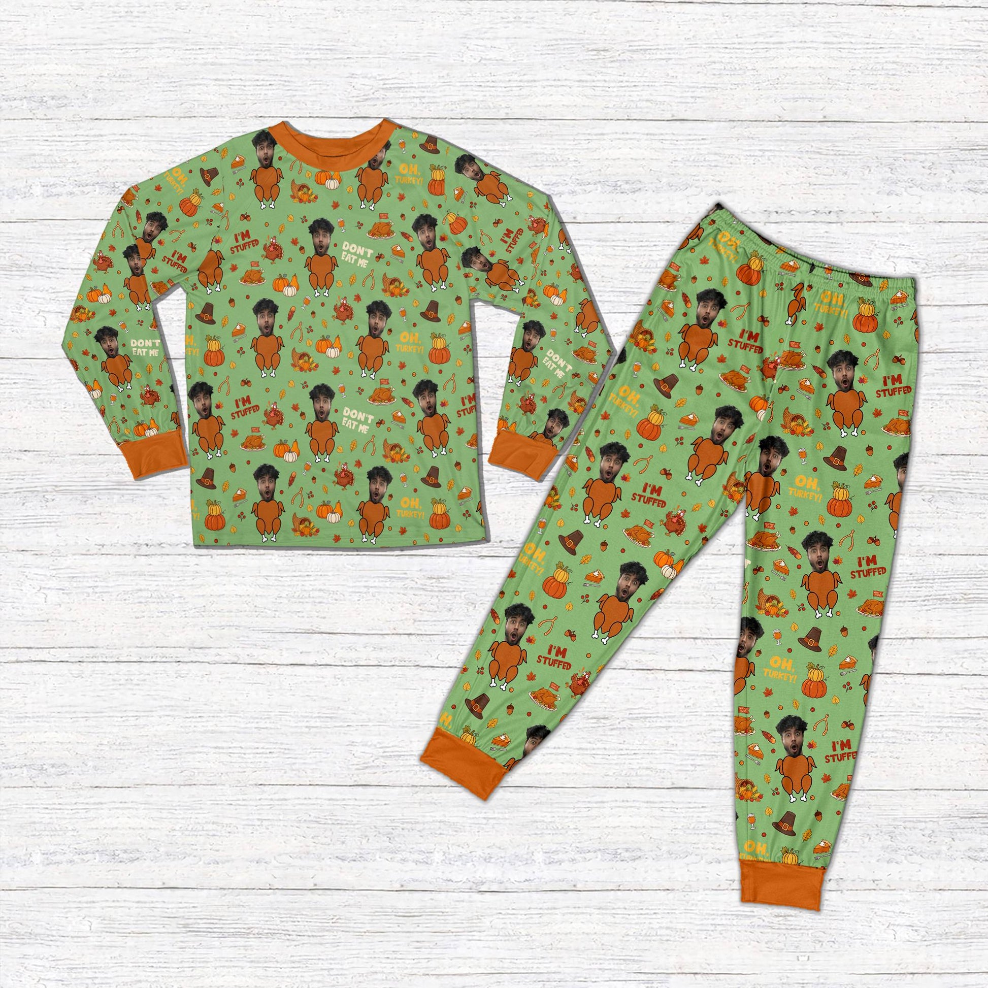 Green custom Thanksgiving pajama top and pants, front view