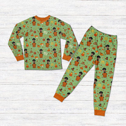 Green custom Thanksgiving pajama top and pants, front view